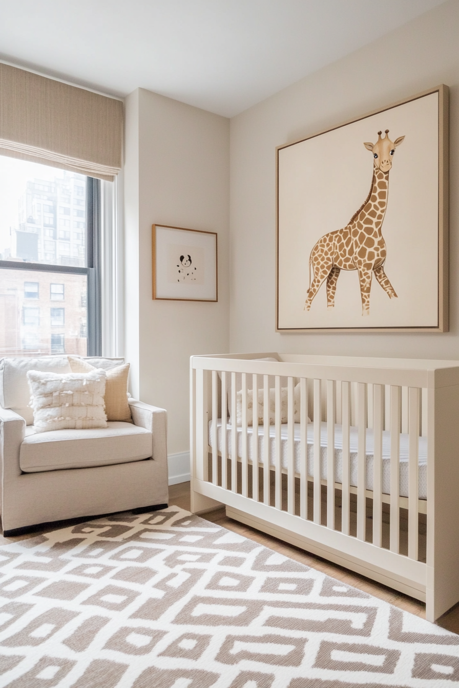 Contemporary baby room. Neutral-toned, stretcher-framed giraffe painting, geometric patterns rug.