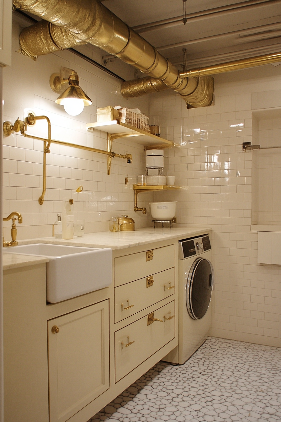 Vintage-Modern Laundry Room. Cream cabinets with brass fixtures and exposed ductwork.