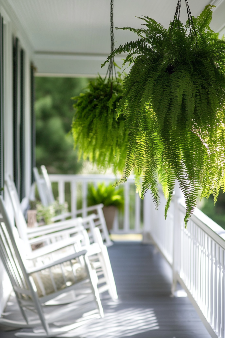 Front porch design. Hanging ferns with white rocking chairs.