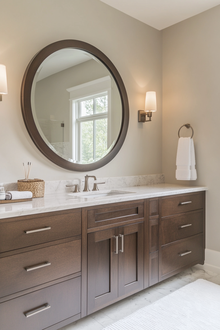 Modern bathroom update. Oversized circular mirror with backlit illumination.