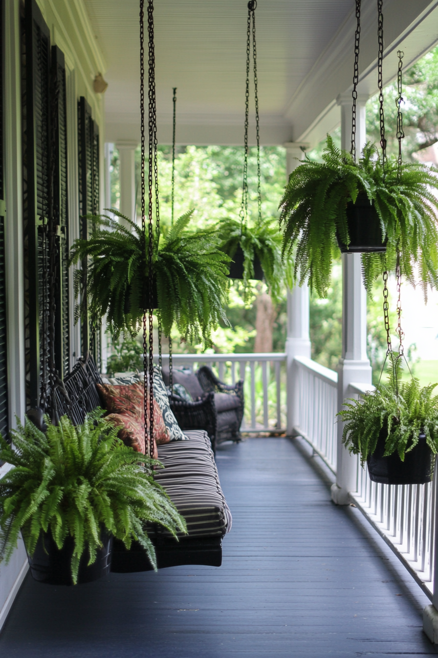 Front porch design. Hanging fern planters with cushioned, swing bench.