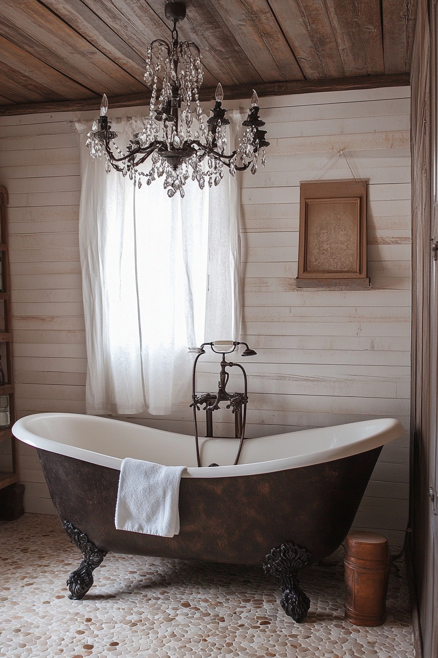 Glam-rustic bathroom. Bronze clawfoot tub with an antique crystal chandelier above.