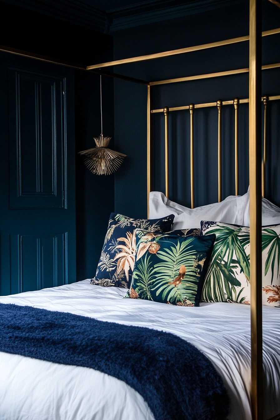 Bedroom design. Dark cobalt walls, brass four-poster bed, tropical patterned pillows.