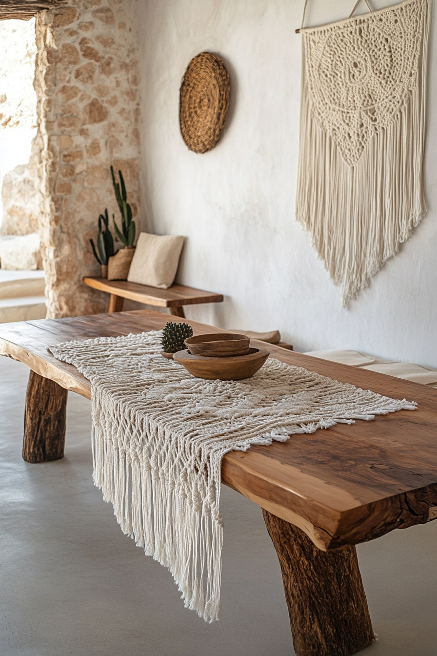 Living space. Wooden coffee table with white macrame runner.