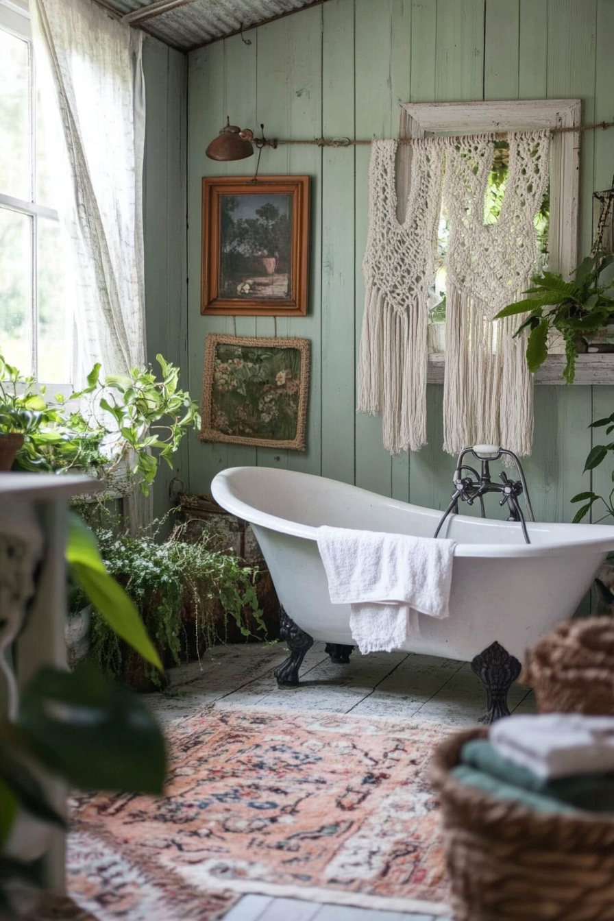 Boho-Farmhouse living space. Clawfoot tub draped with macrame plant hangers.