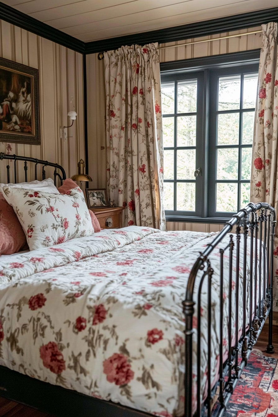 Cottagecore-Industrial Bedroom. Antique iron bed with floral linen.