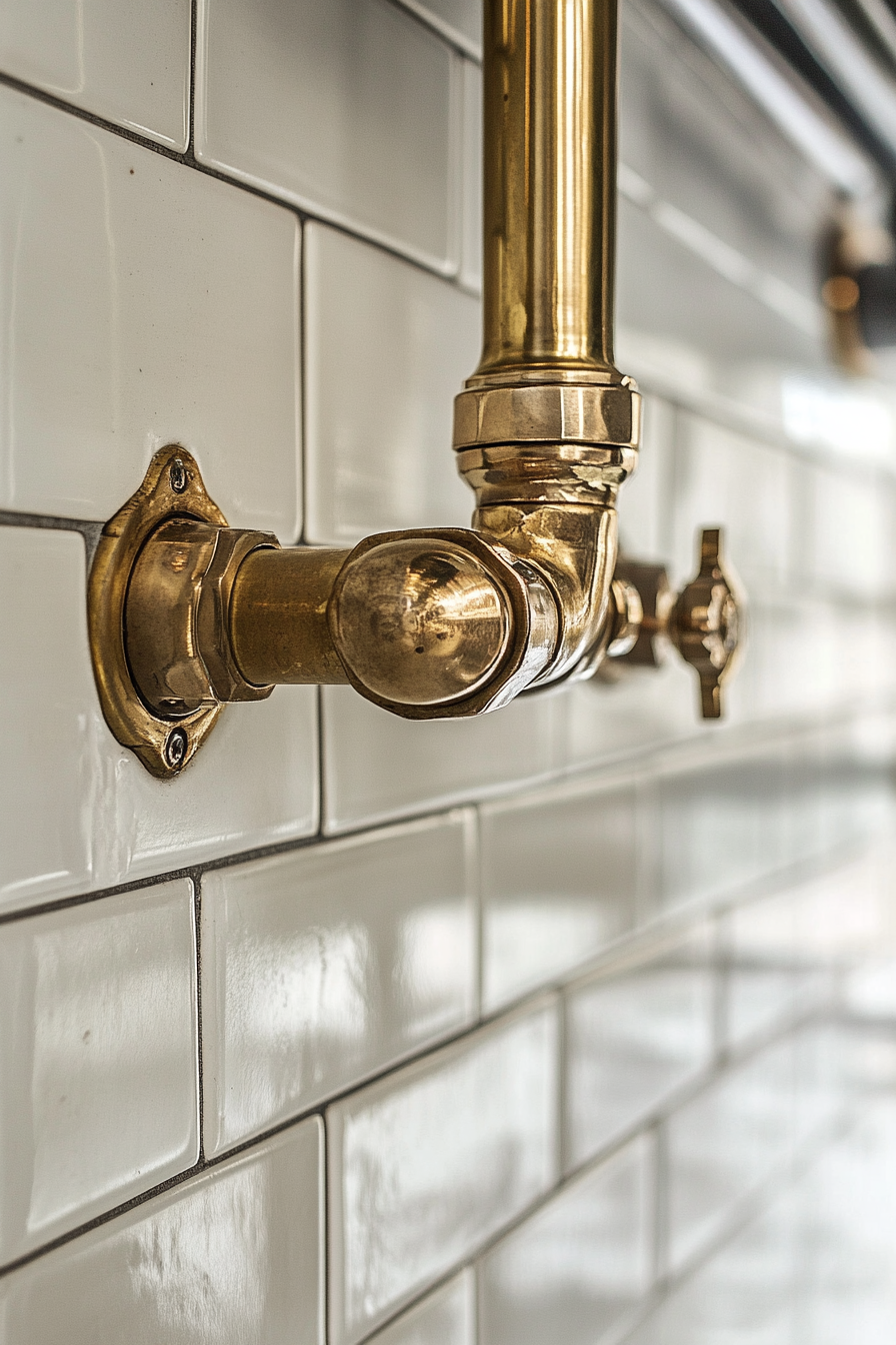 Vintage-modern laundry room. Brass fixtures with subway tiles.