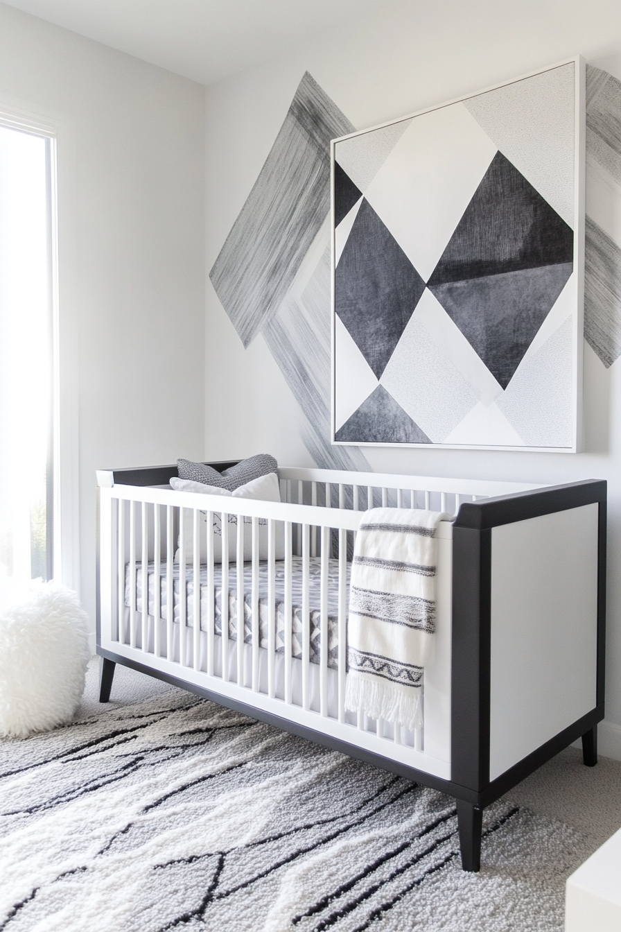 Contemporary baby room. Monochrome color scheme with abstract geometric wall art.