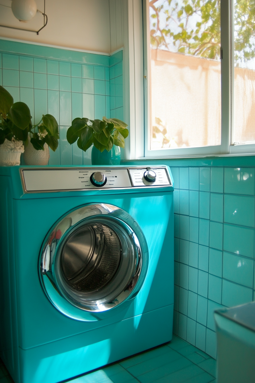 Vintage-modern laundry room. Turquoise washing machine.