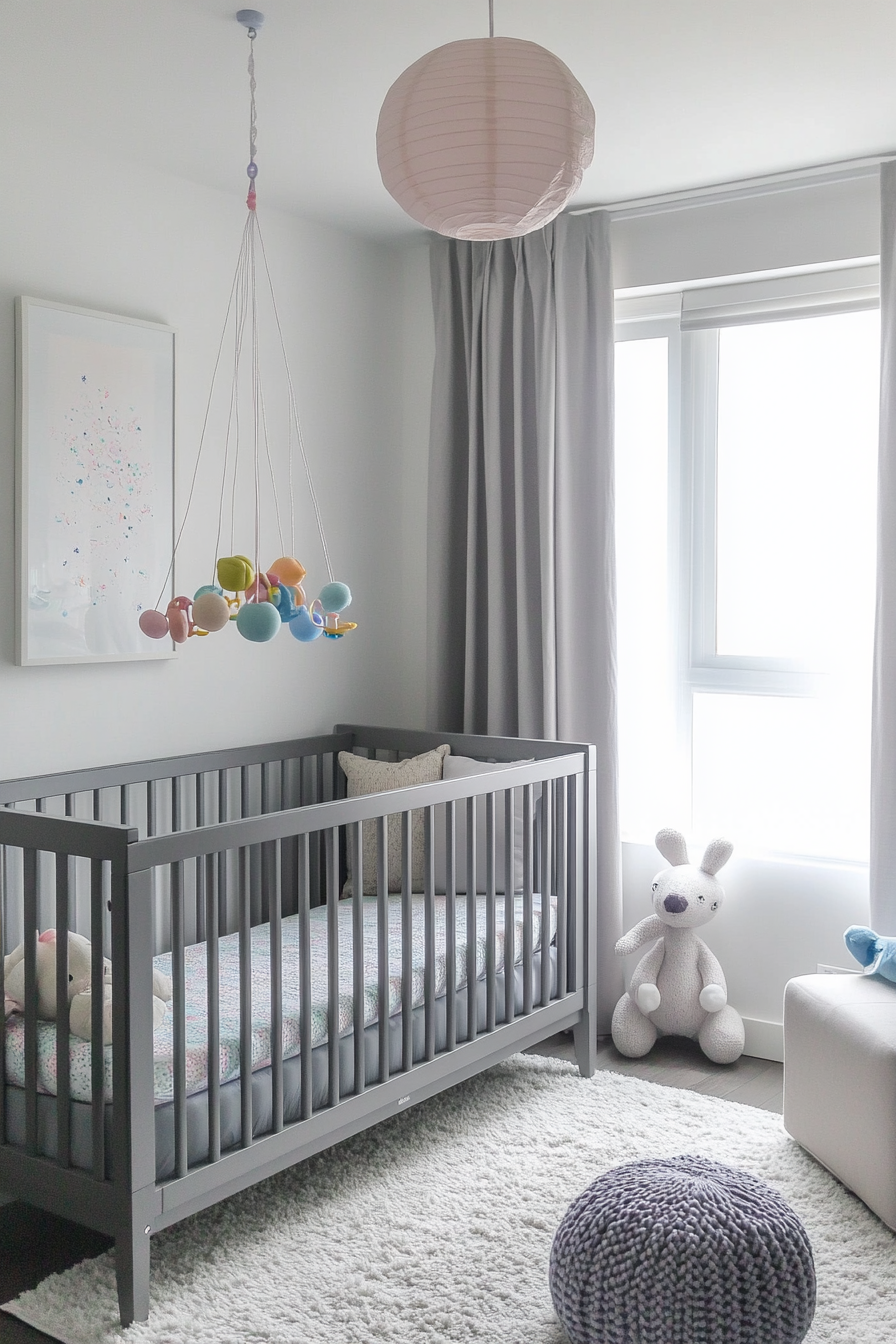 Contemporary baby room. Grey cribs with oversized pastel toy mobile.