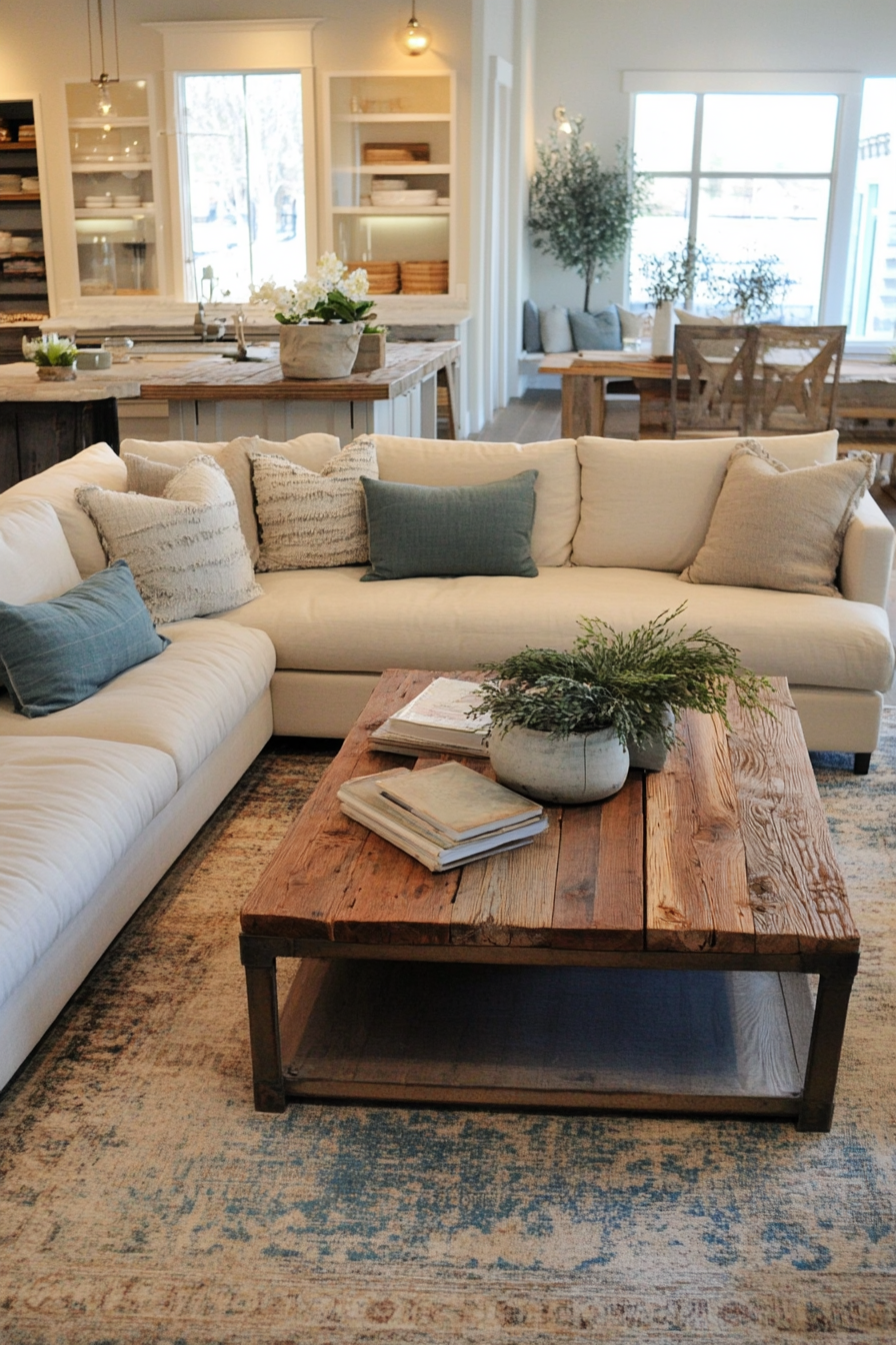 Boho-Farmhouse living space. Cream sectional with reclaimed wood coffee table.