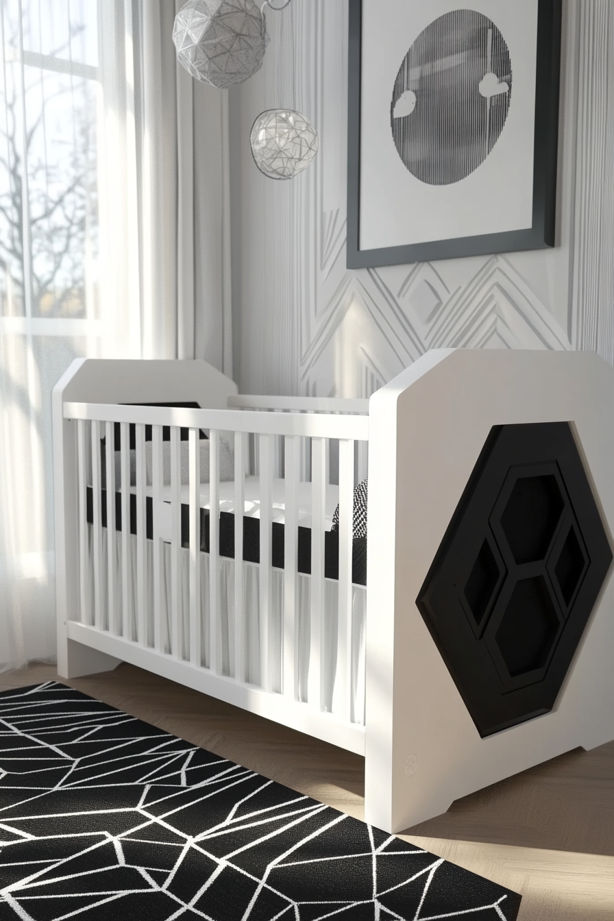 Contemporary baby room. White crib with black geometric patterns.