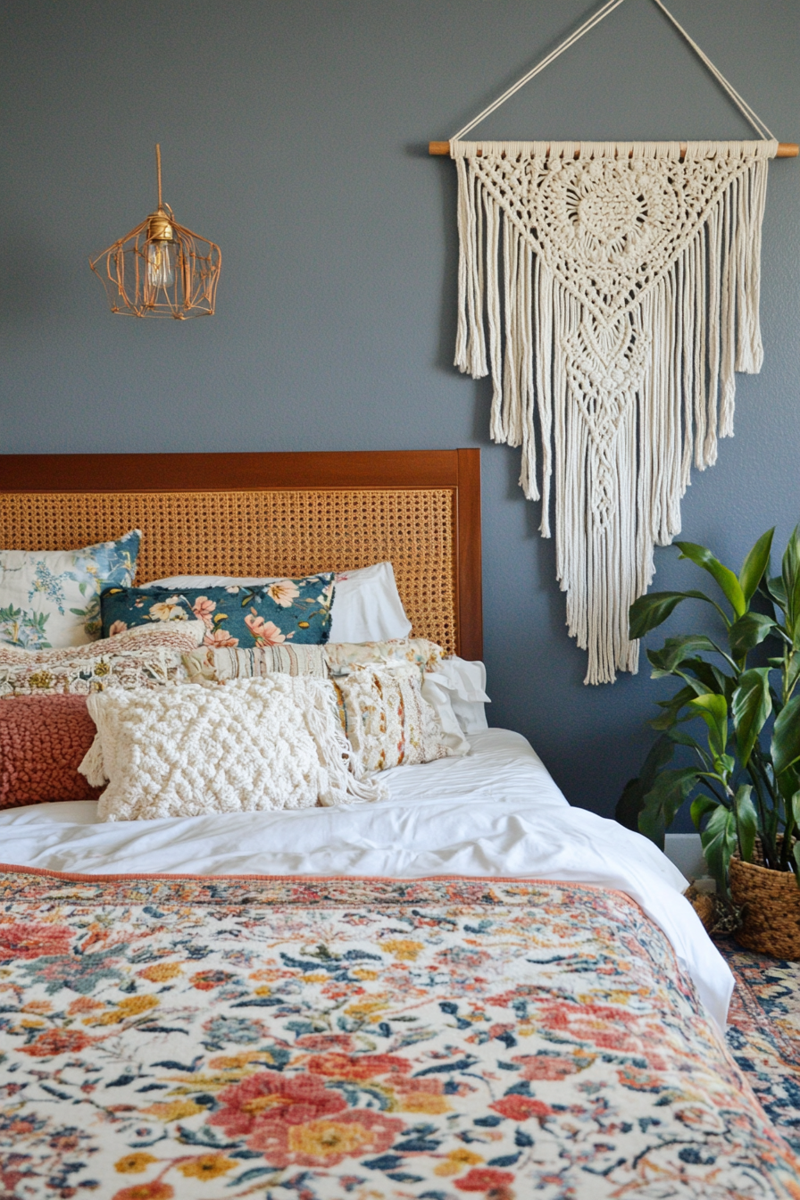 Boho bedroom makeover. Floral patterned rug with matching macrame wall hanging.