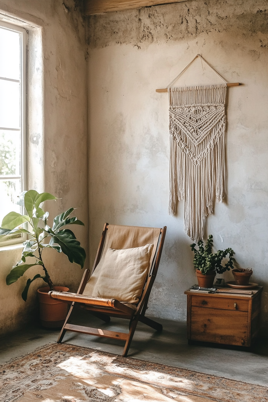 Boho-Farmhouse living space. Warm earth-toned lounge chair with macramé wall hanging.