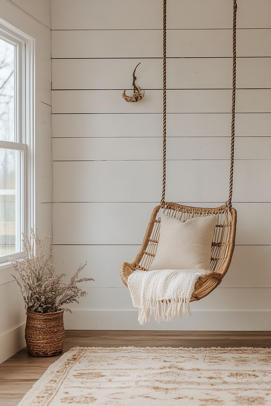 Boho-farmhouse living space. Rattan swing chair against a shiplap wall.