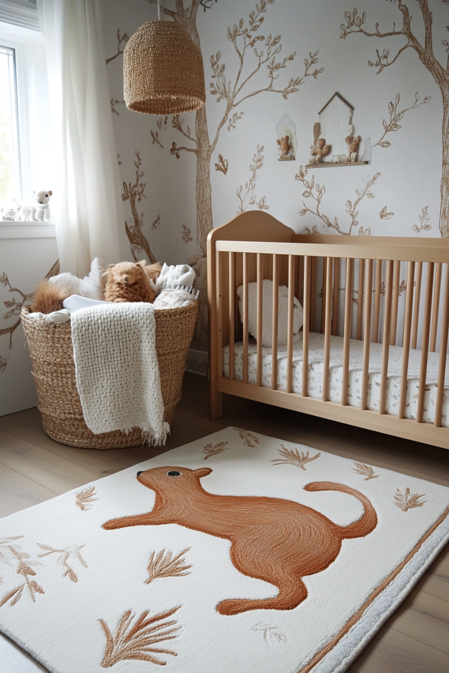 Woodland Nursery. Detailed squirrel-themed rug, hazelnut color, realistic pattern.