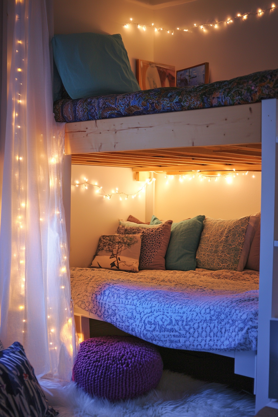 Bedroom design. Loft bed with underneath reading nook and fairy lights.