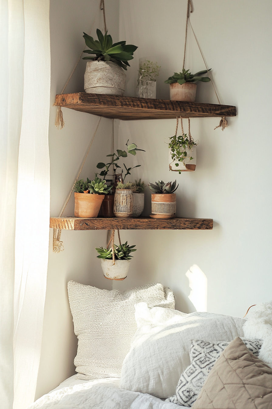 Bedroom design. Tall vintage corner shelves with Hanging Plant Pots.