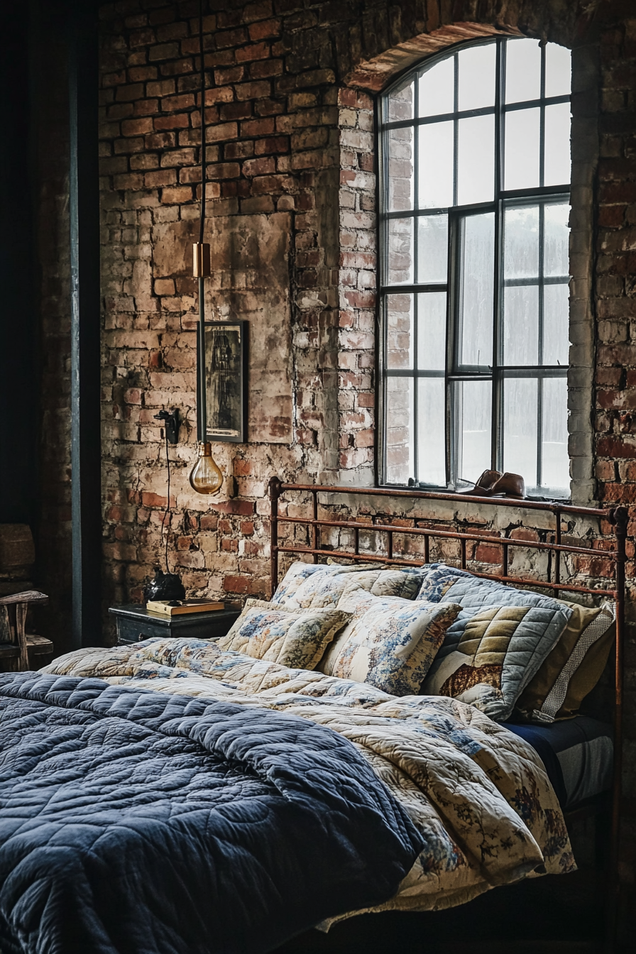 Cottagecore-Industrial bedroom décor. Exposed brick walls with quilted bedding.