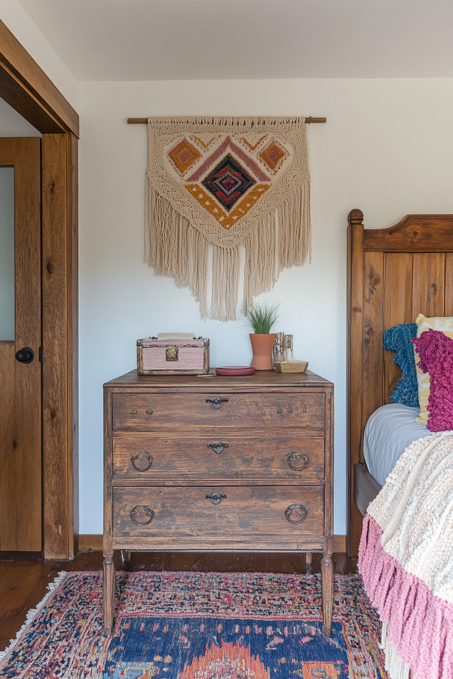 Teen Boho Bedroom. Distressed wood vanity with colorful macrame wall hanging.