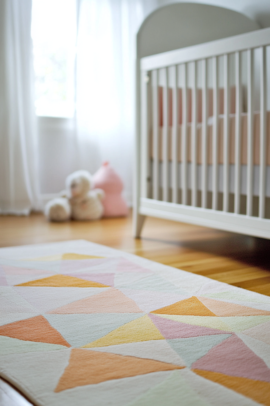 Contemporary baby room. Pastel tones and geometric print area rug.