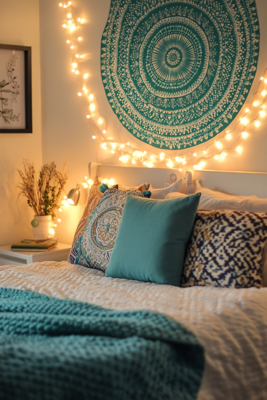 Boho teen bedroom makeover. Turquoise mandala tapestry accent wall.