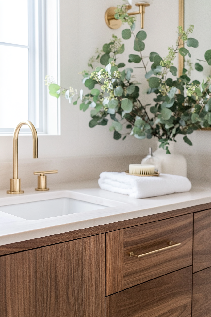 Modern bathroom update. Floating walnut vanity with gold faucet.