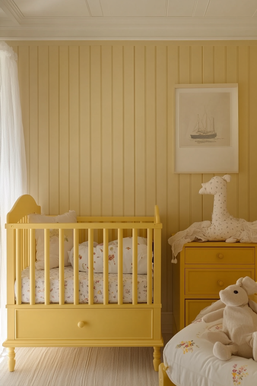 Baby room. Pastel yellow painted furnishing.