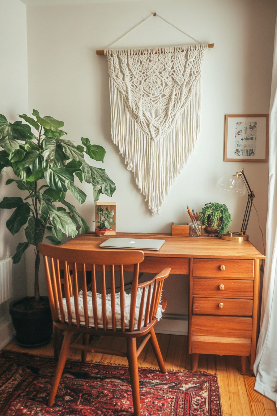 Boho bedroom makeover. White macrame hanging above wooden study desk.