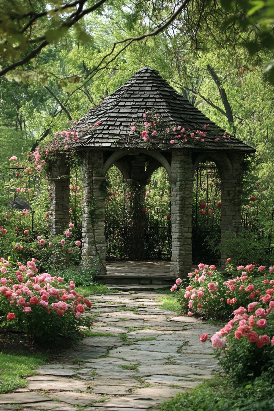 Backyard garden retreat. Stone gazebo surrounded by flowering rose bushes.