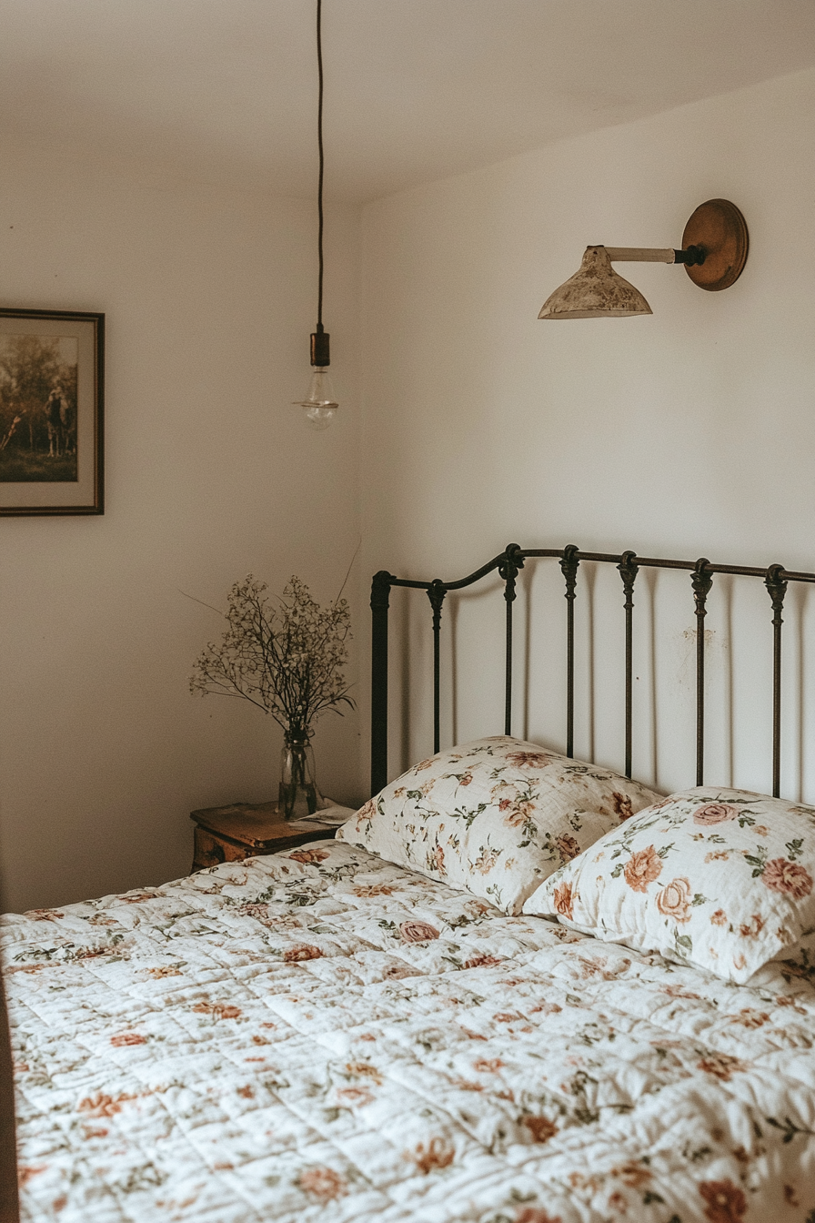 Cottagecore-industrial bedroom. Wrought-iron bed frames with floral linen quilt.