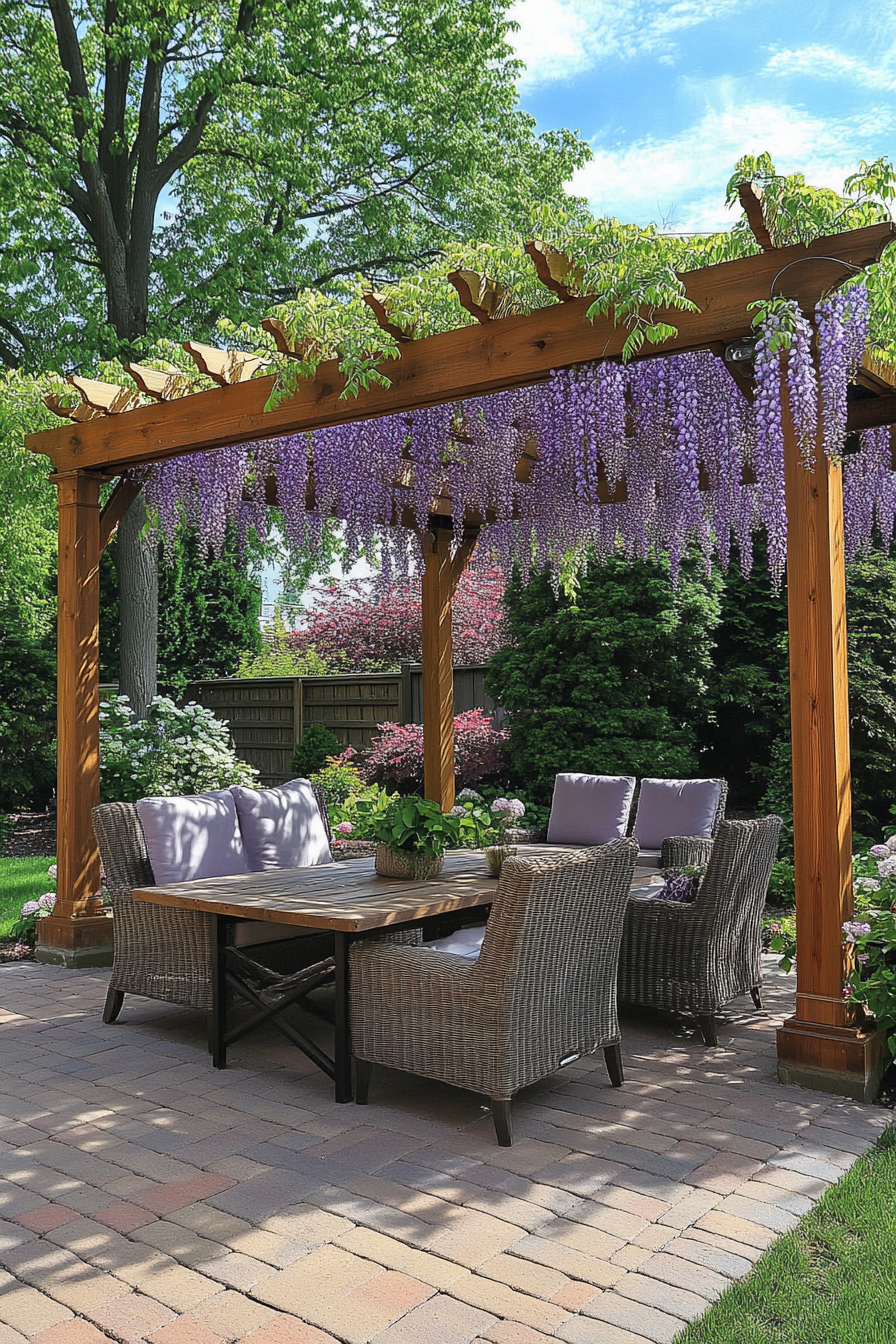 Backyard garden retreat. Patio set under wisteria-covered pergola.