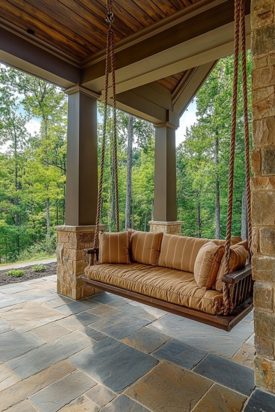 Front porch design. Hanging swing with cushioned seating.