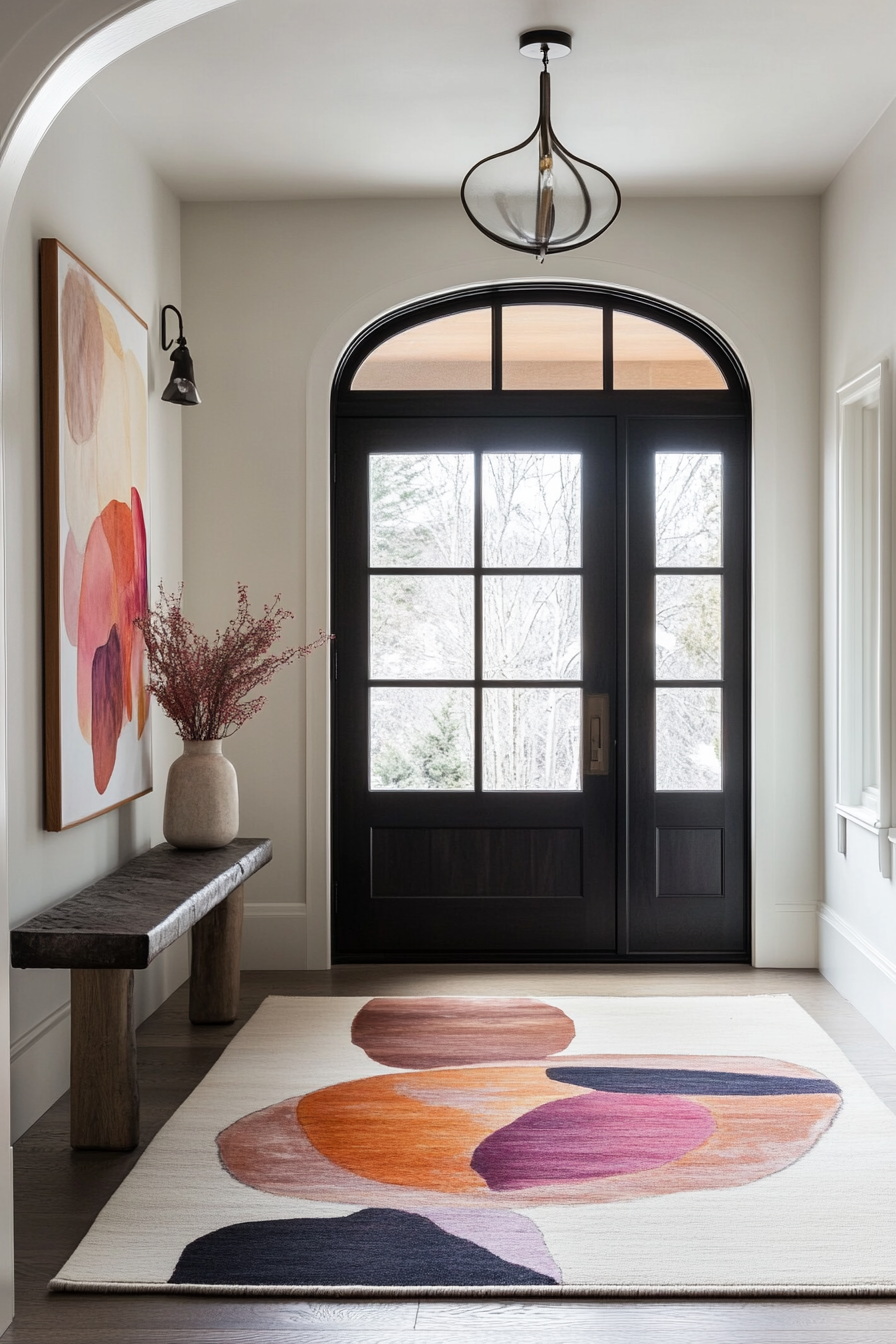 Entryway design. Minimalist monochrome tiles with a vibrant abstract rug.