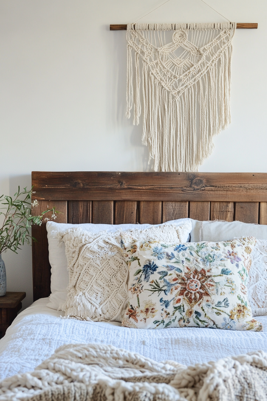 Boho Bedroom Makeover. Macrame wall hanging over distressed oak headboard.