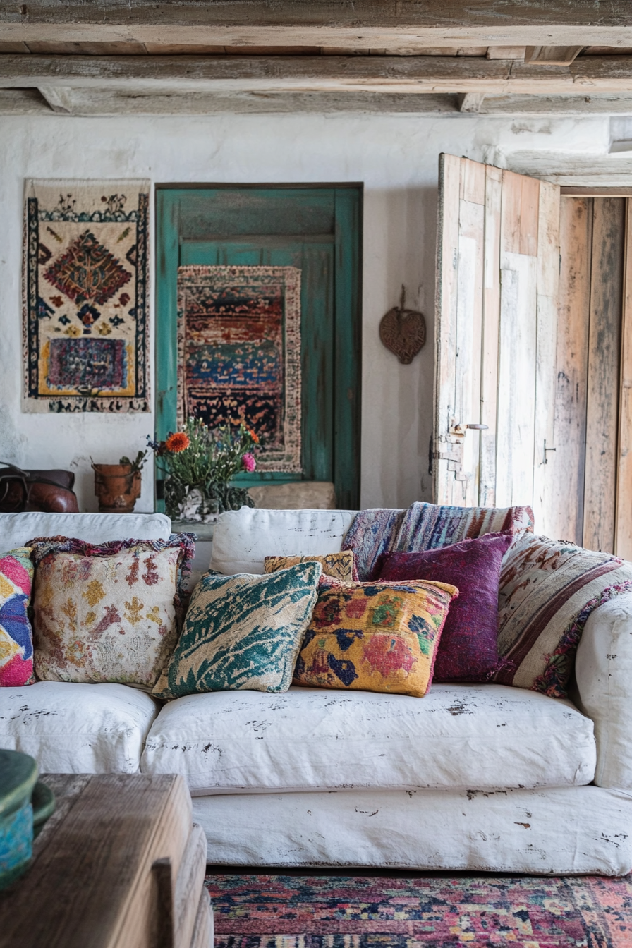 Boho-Farmhouse living space. Distressed white couch with colorful, patterned cushions.