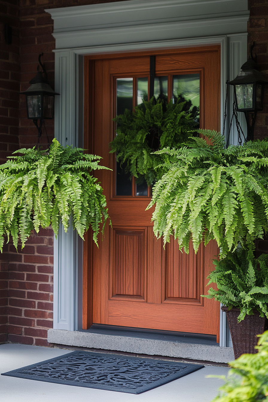 Front porch design. Potted ferns flanking a red mahogany door.