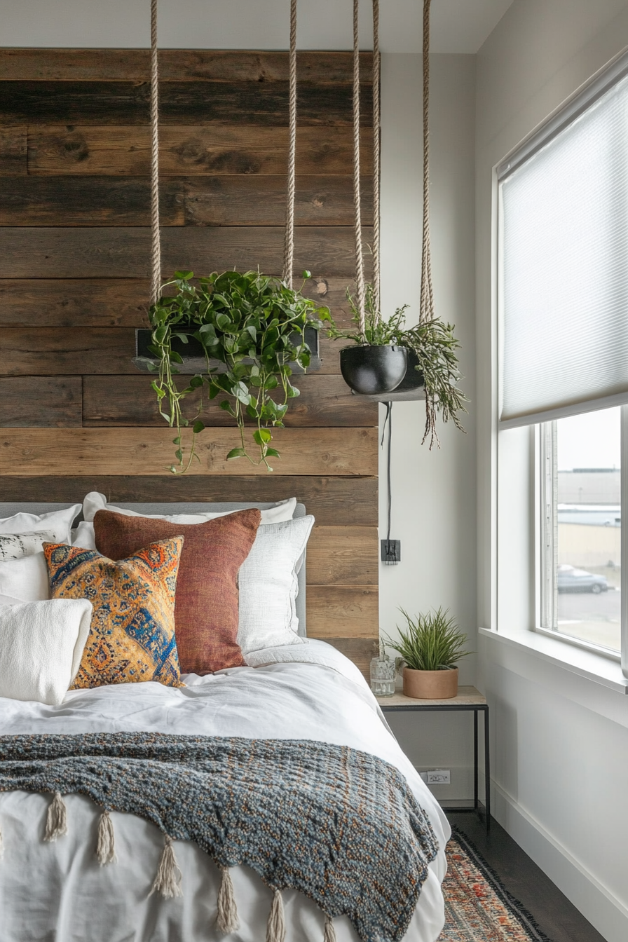 Bedroom design. Rustic wood accent wall with hanging planters.