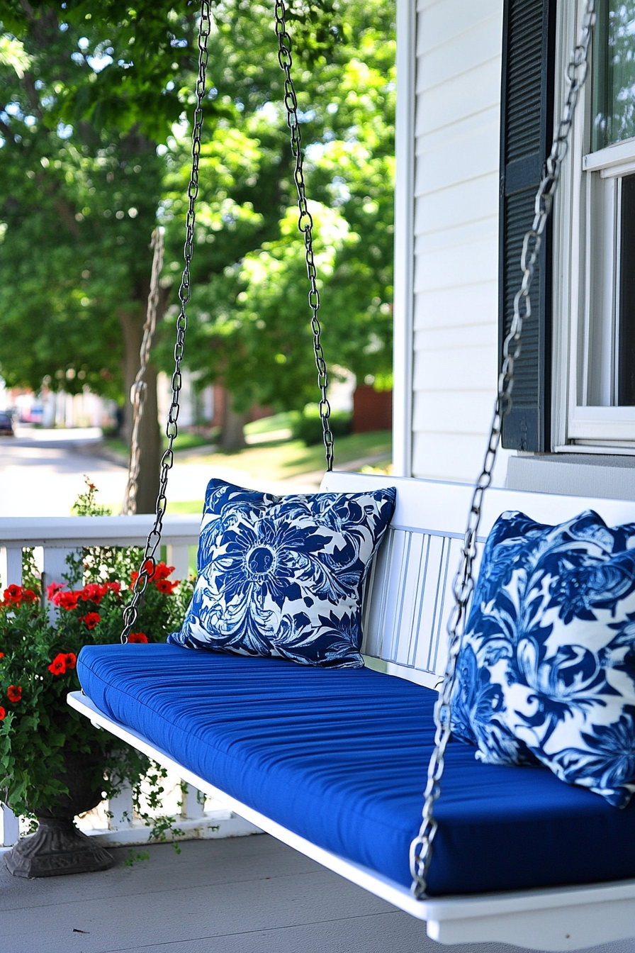 Front porch design. Swing bench with blue cushions against white painted backdrop.