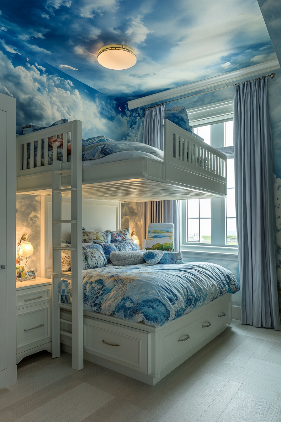 Bedroom design. Loft bed with sky-blue mural below.