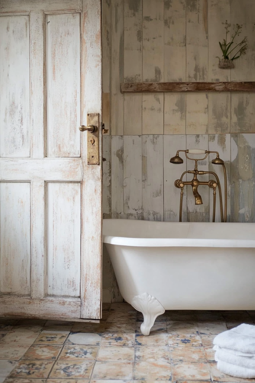 Glam-Rustic Bathroom. White freestanding bathtub with antique brass fixtures.