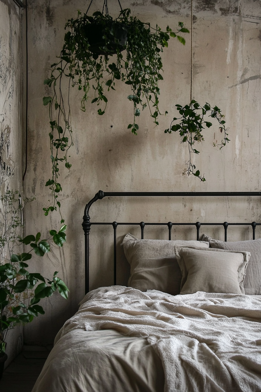 Cottagecore-Industrial Bedroom. Concrete wall, hanging plants, antique wrought iron bed.