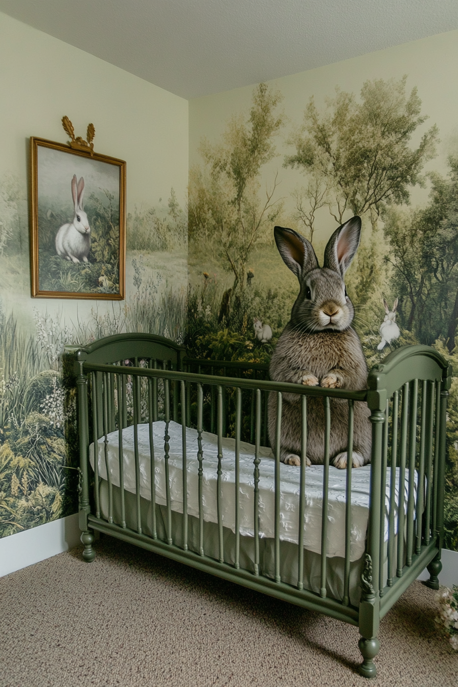 Woodland nursery. Mossy-green crib next to life-sized rabbit decal.