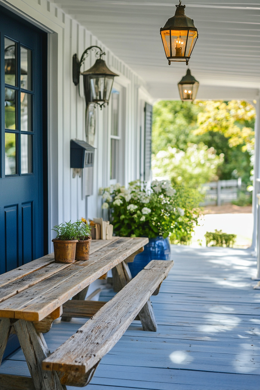 Front porch design. Rustic wooden benches with blue statement door.