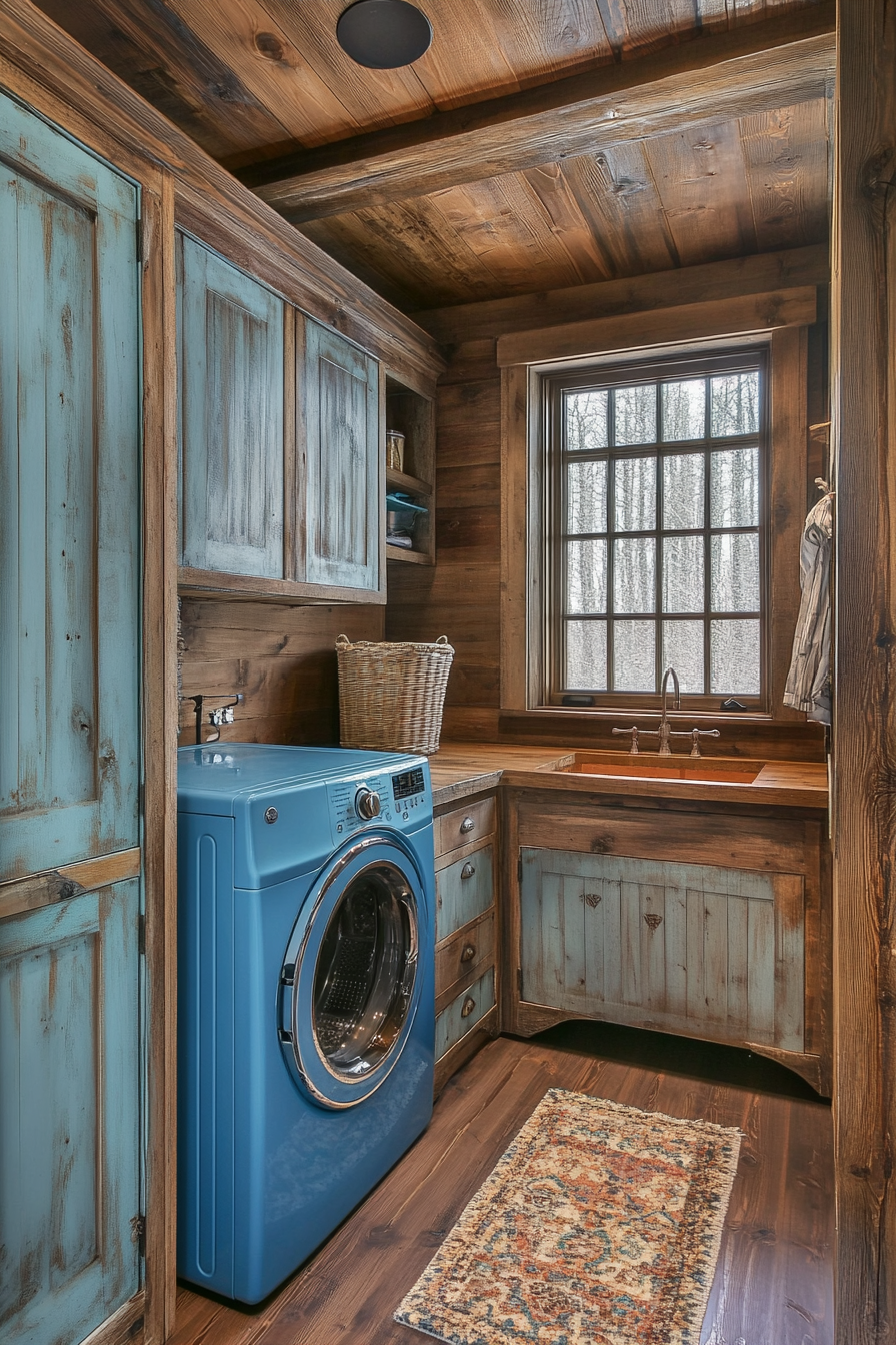 Vintage-modern laundry room. Bonnet blue washing machine and rustic wooden cabinets.