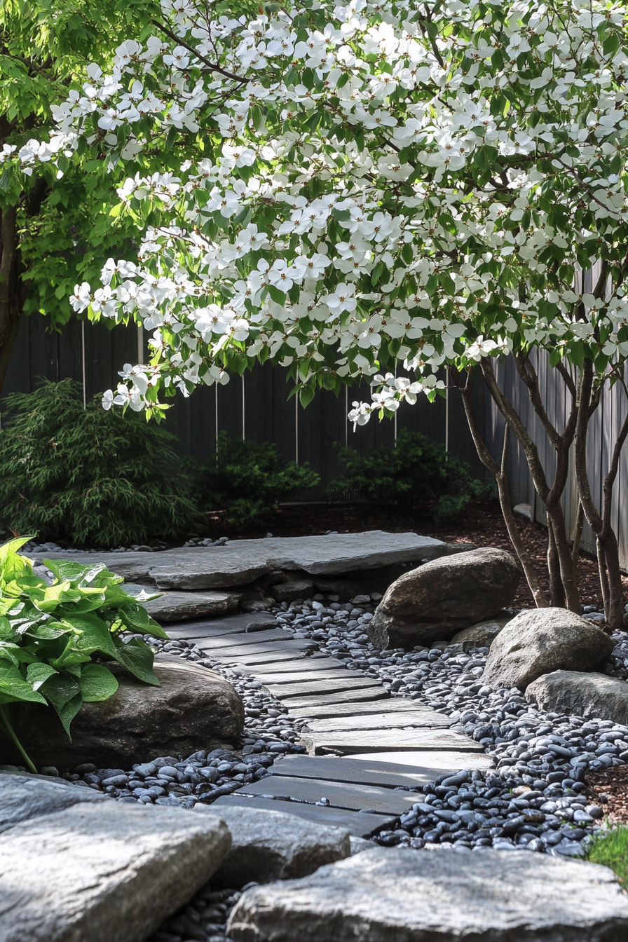 Backyard garden retreat. Zen rock layout with flowering dogwood tree.