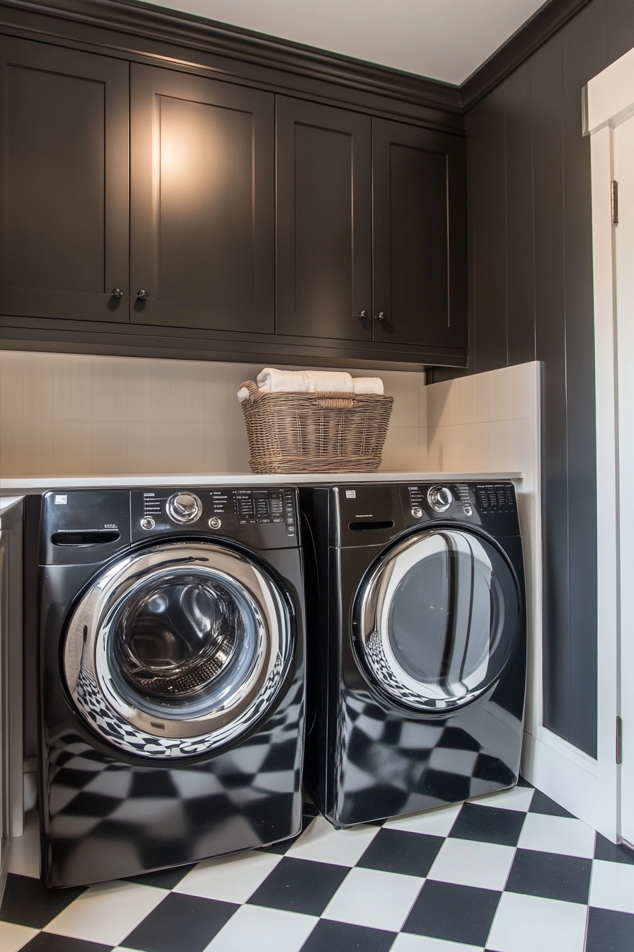 Vintage-modern laundry room. Checkerboard floor with black antique washing machine.