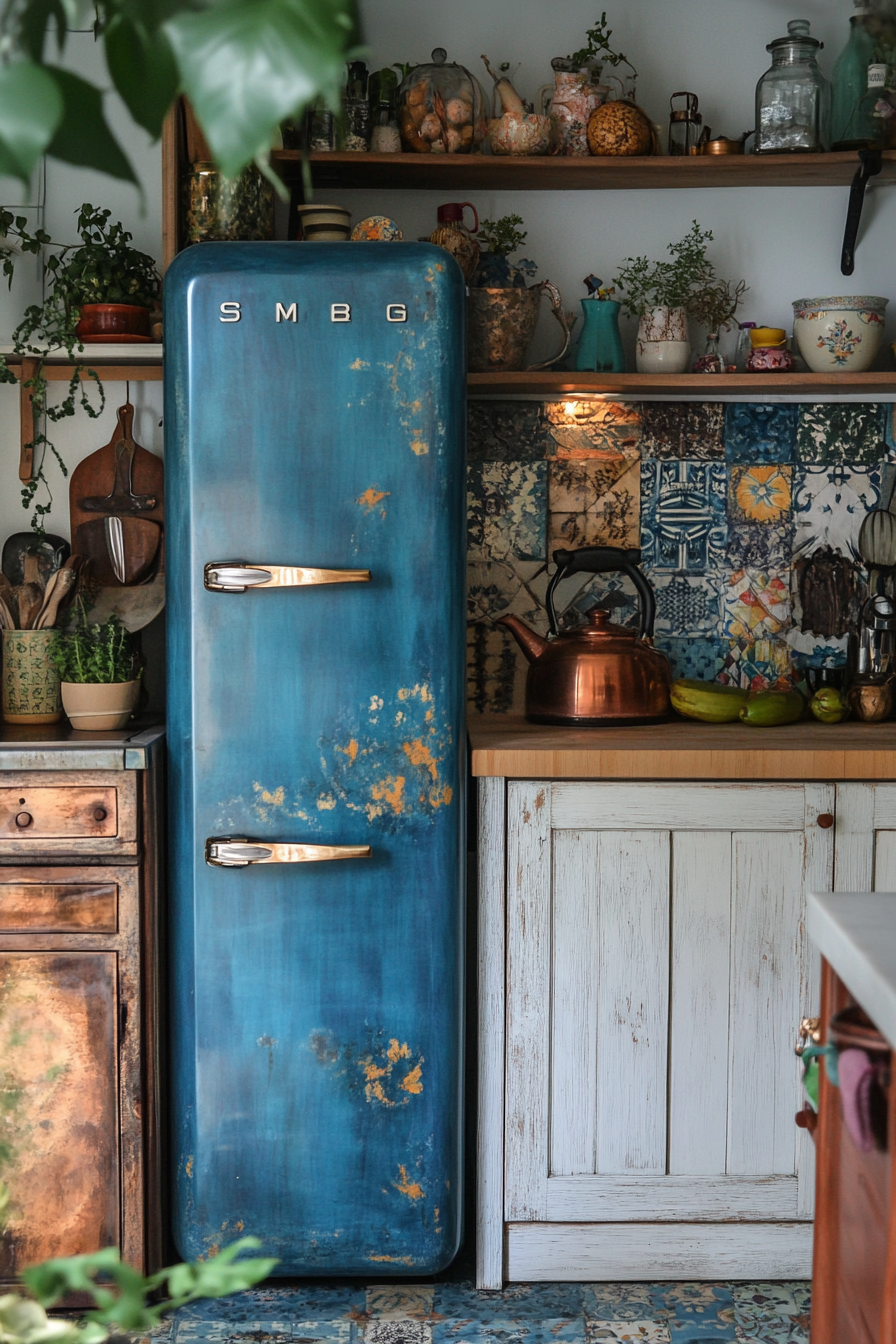 Bohemian kitchen style. Teal blue smeg fridge with patina copper kettle.