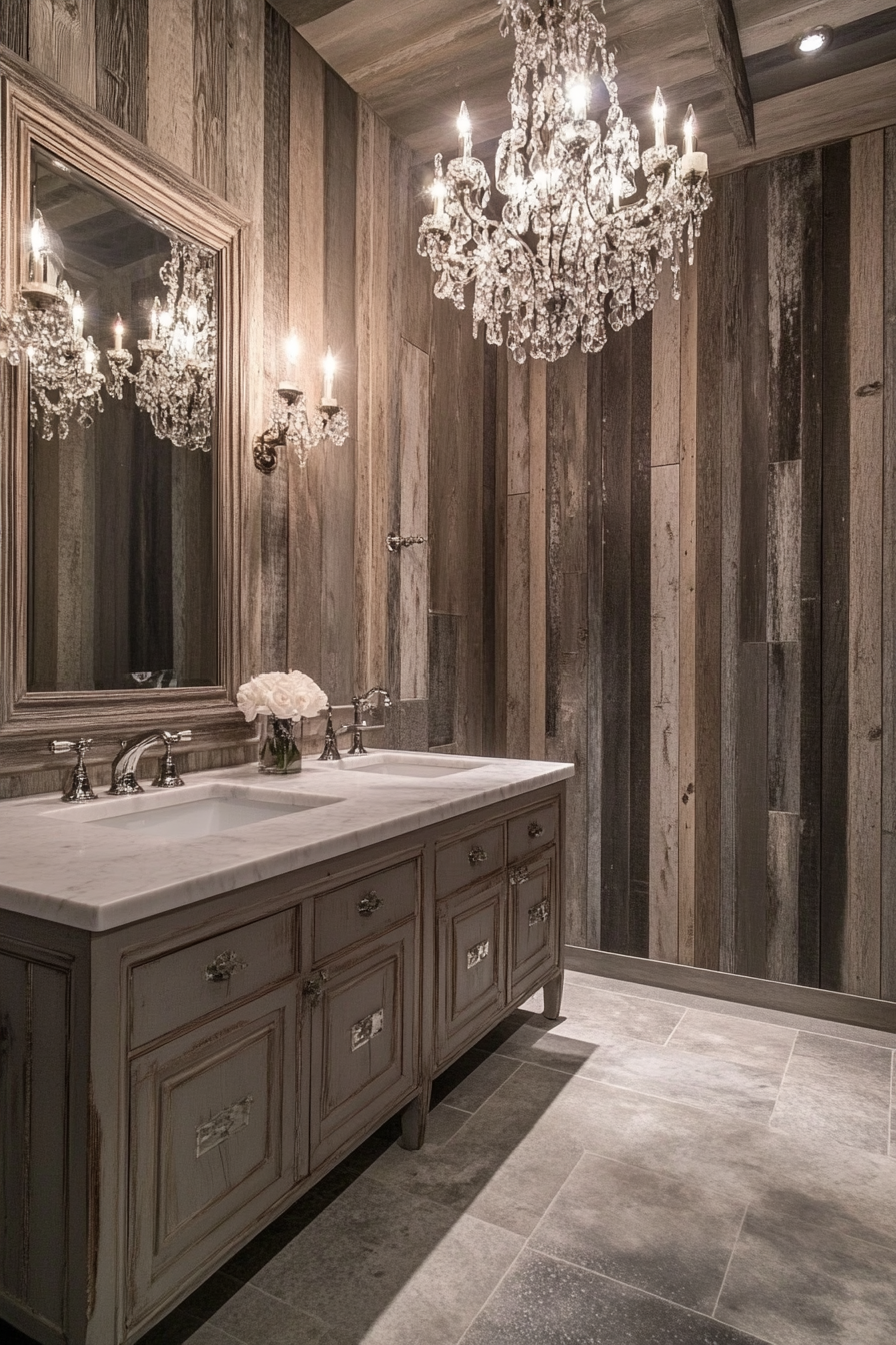 Glam-rustic bathroom. Weathered wood vanity with crystal chandelier hung above.