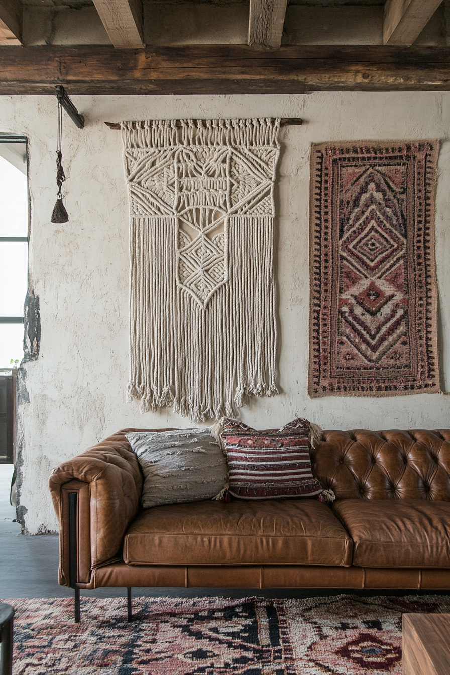 Living space. Distressed leather sofa amidst macrame wall decor.